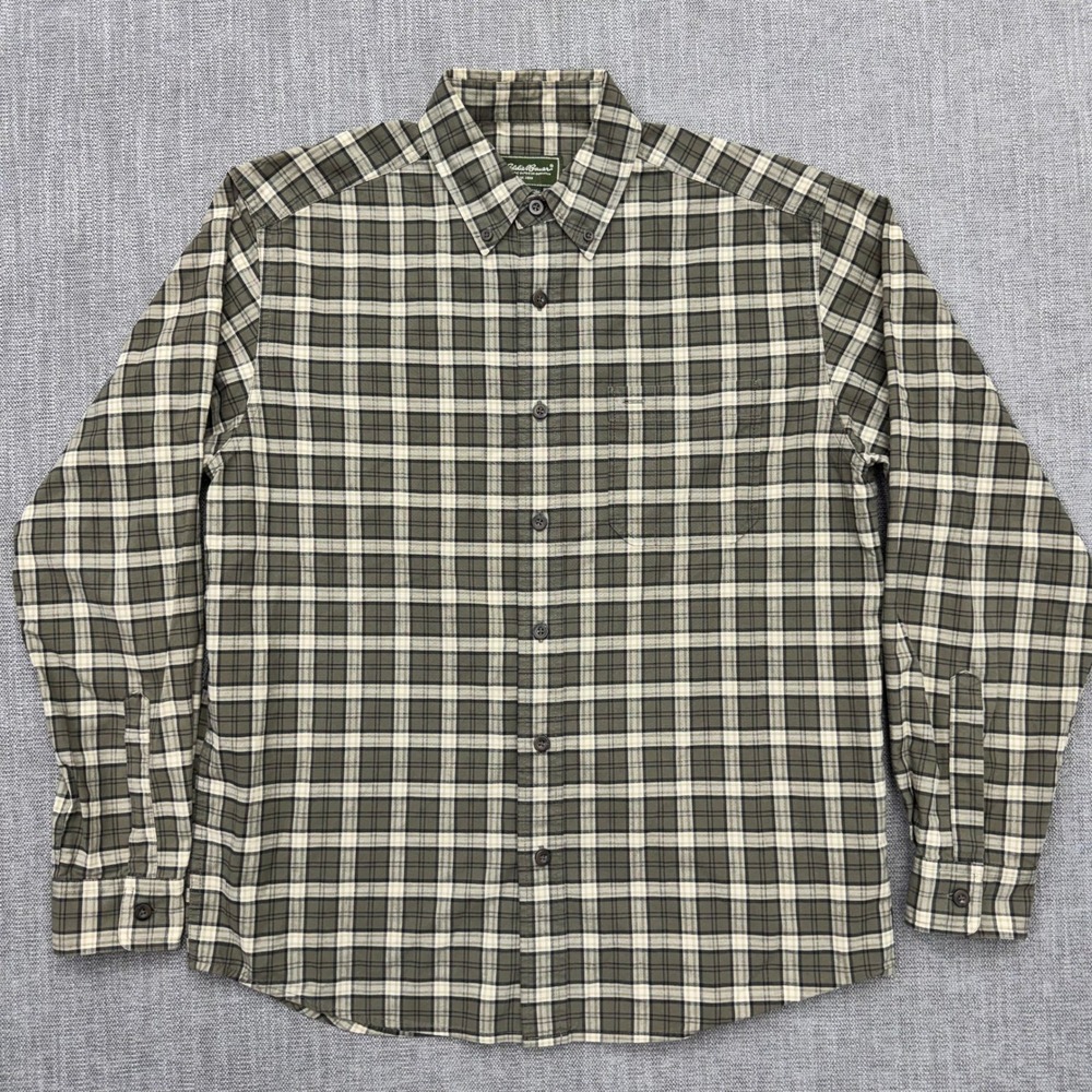 Eddie Bauer Mens Plaid Button Down Shirt Olive Green Long Sleeve Cotton Medium